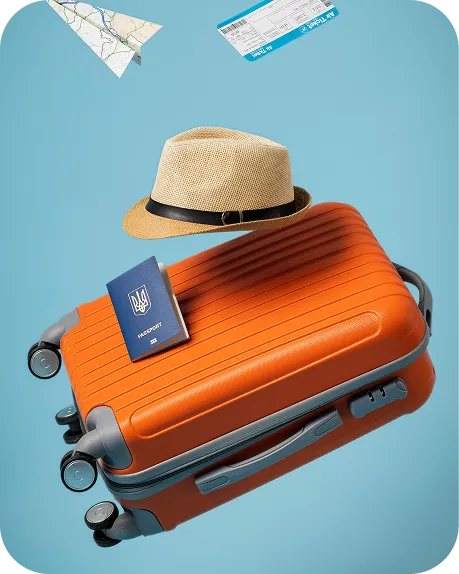 Mala de viagem laranja com chapéu e passaporte