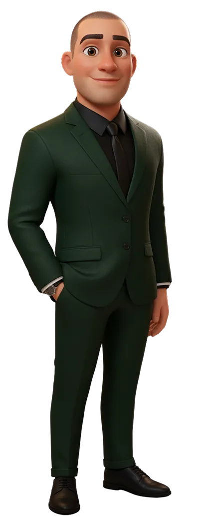 Personagem 3D representando a Servtecno: homem de terno verde e gravata preta, sorrindo